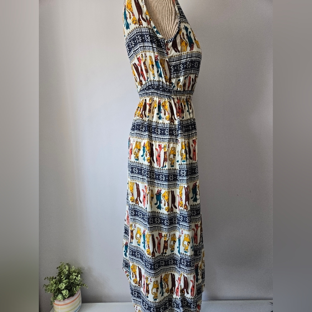 BEAUTY Cartoon Cat Patterned Lightweight Multicolor Sleeveless Midi Dress. Small - Picture 5 of 10
